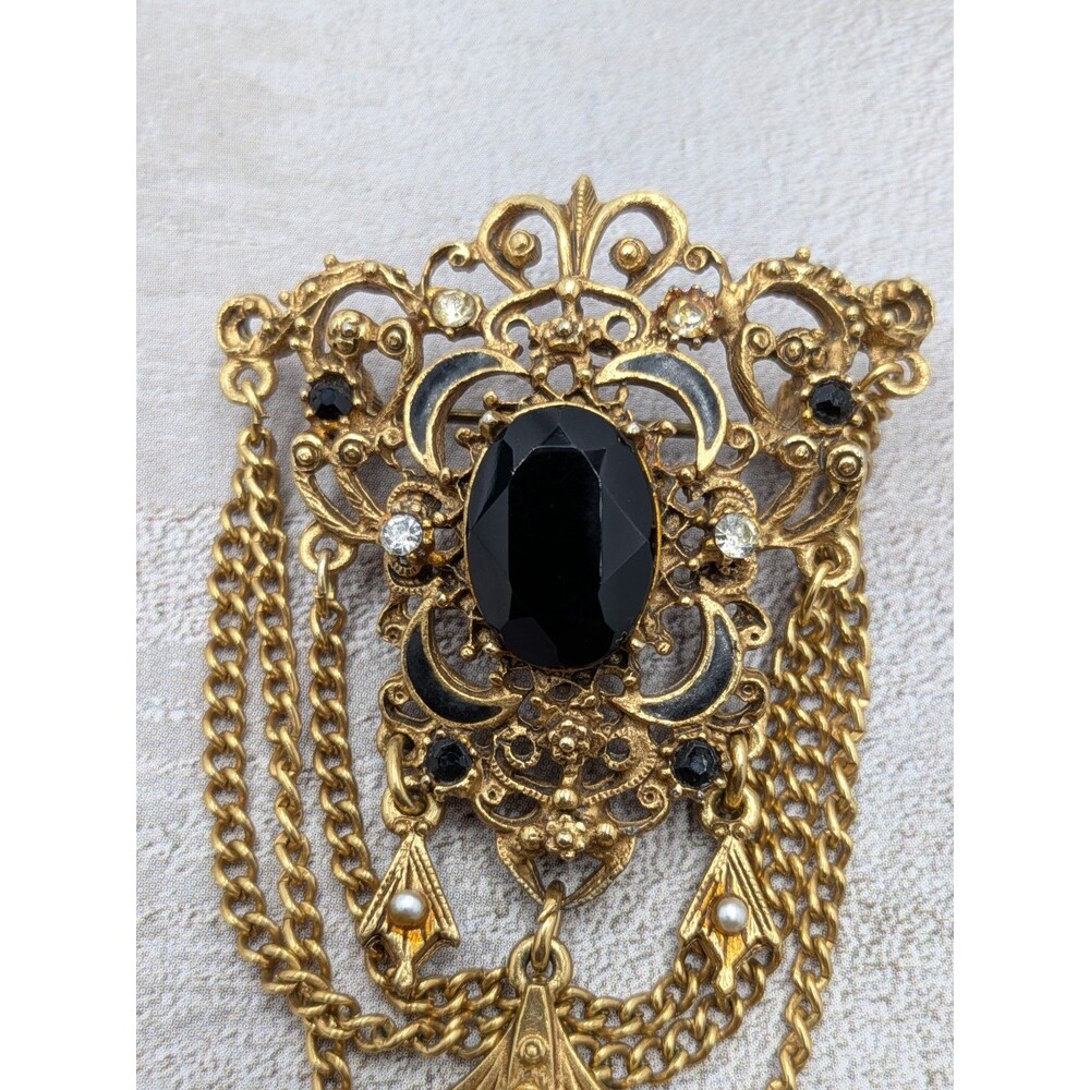 Florenza Brooch Black Cabochon Drape Chain Gold Tone Filigree 2.5in Signed Pin - Picture 6 of 16